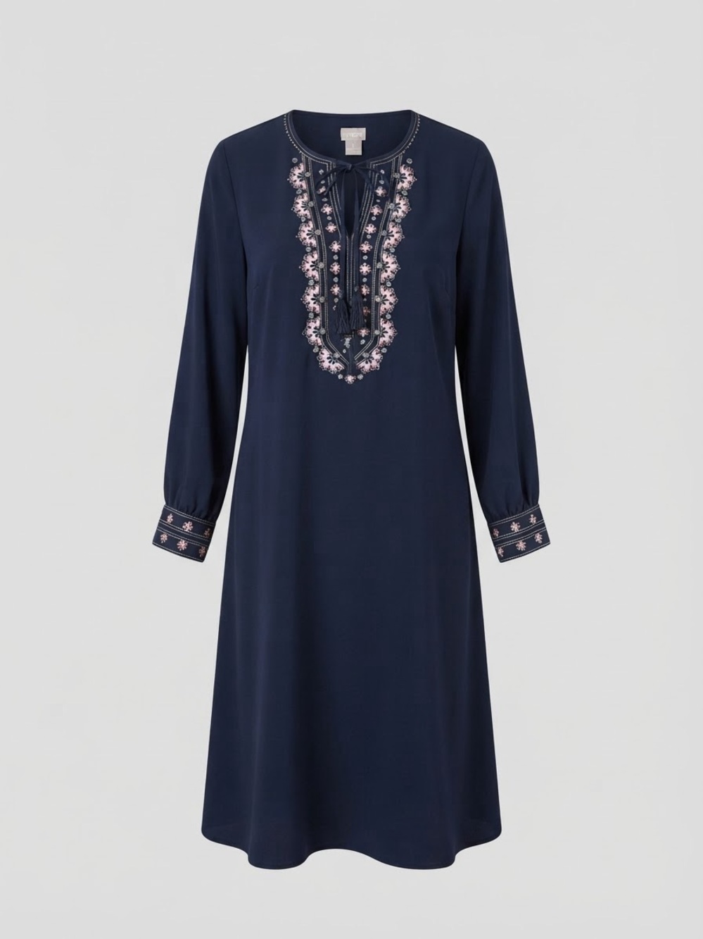 Chico's Navy Long-Sleeve Embroidered V-Neck Dress with Pink Accents